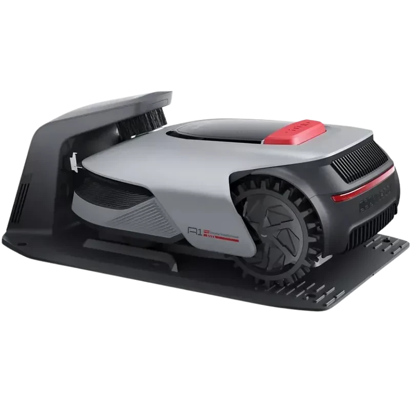 Dreame Mower A1 Pro - Robot cortacésped gris con base de carga, diseño aerodinámico, ruedas robustas, módulo rojo superior y rejilla trasera iluminada