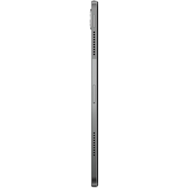 Lenovo Tab P12 12.7" cinza vista lateral: corpo fino em metal, botões de volume, grelhas de alto-falante duplas, módulo de câmera saliente. 8GB/128GB Wi‑Fi