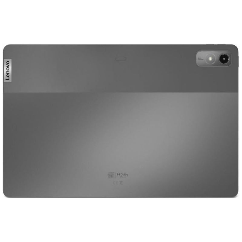Tablet cinza Lenovo Tab P12, traseira bicolor em metal, câmera única no canto com flash, logo Lenovo lateral e marcações “P2i” e “HD Display”.