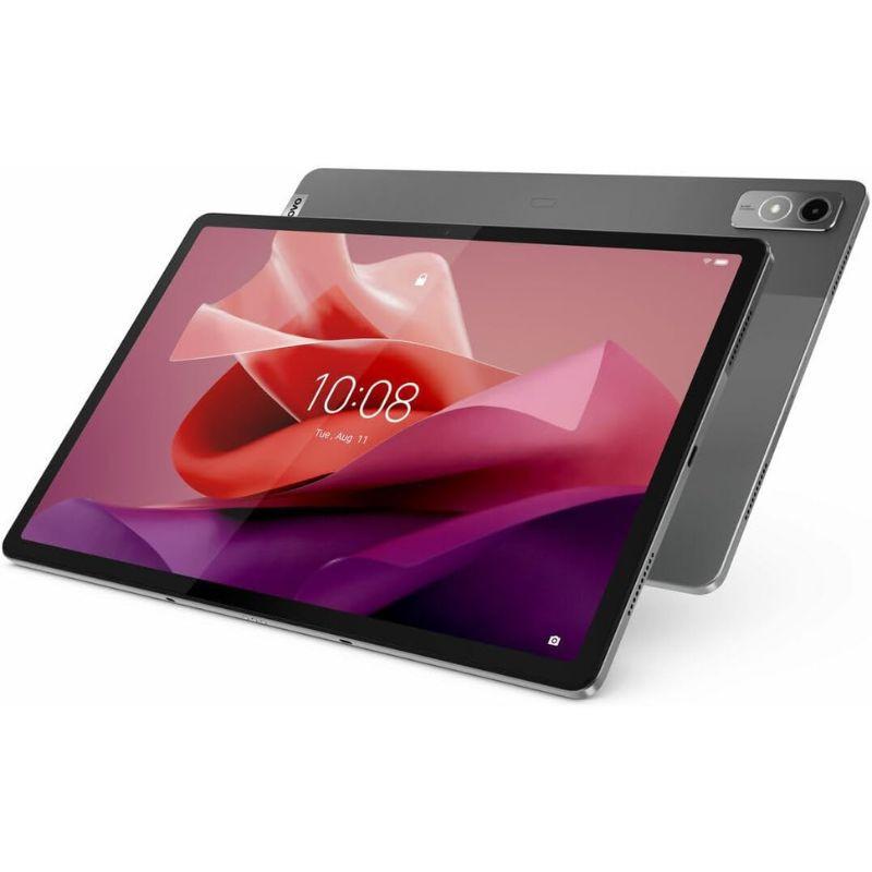 Tablet Lenovo Tab P12 12,7" cinza com tela ampla, bordas finas, câmera traseira dupla com flash e acabamento metálico elegante. Wi‑Fi, 8GB/128GB.
