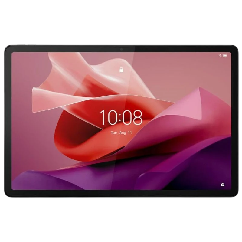 Tableta Lenovo Tab P12 gris con pantalla 12.7" sin marcos gruesos, biseles delgados, interfaz Android visible y cámara frontal centrada en el borde superior.