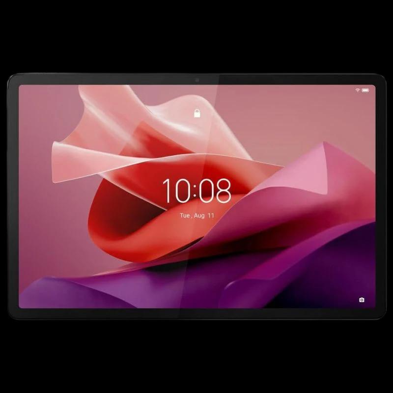 Tablet Lenovo Tab P12 cinza, tela 12,7" com bordas finas, display amplo e nítido; interface Android com relógio central e ícone de cadeado na tela.