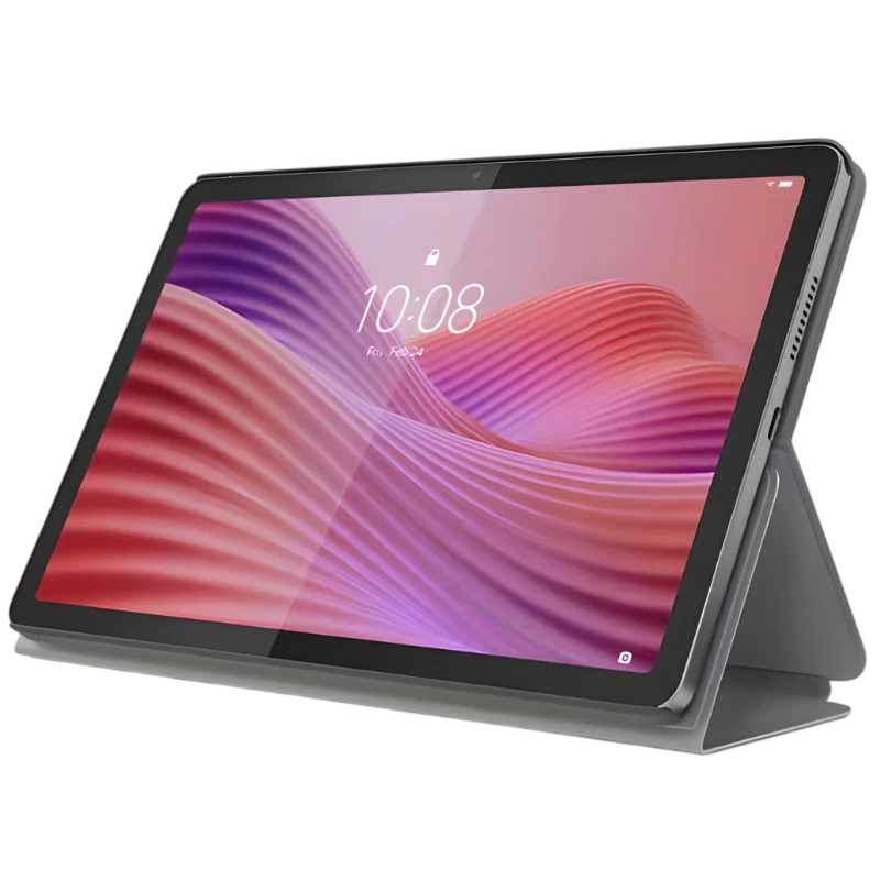 Tableta Lenovo Tab 10,1" Gris Luna con funda tipo soporte, biseles delgados, cámara frontal centrada y pantalla IPS con ondas rosadas en el fondo.