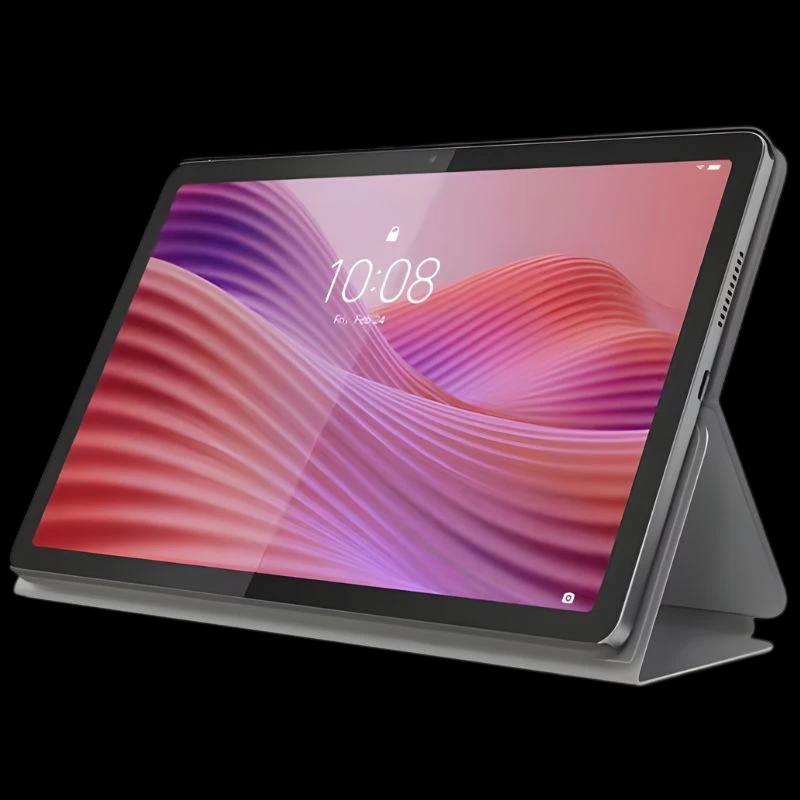 Tableta Lenovo Tab 10,1" Gris Luna con funda tipo soporte, biseles delgados, cámara frontal centrada y pantalla IPS con ondas rosadas en el fondo.