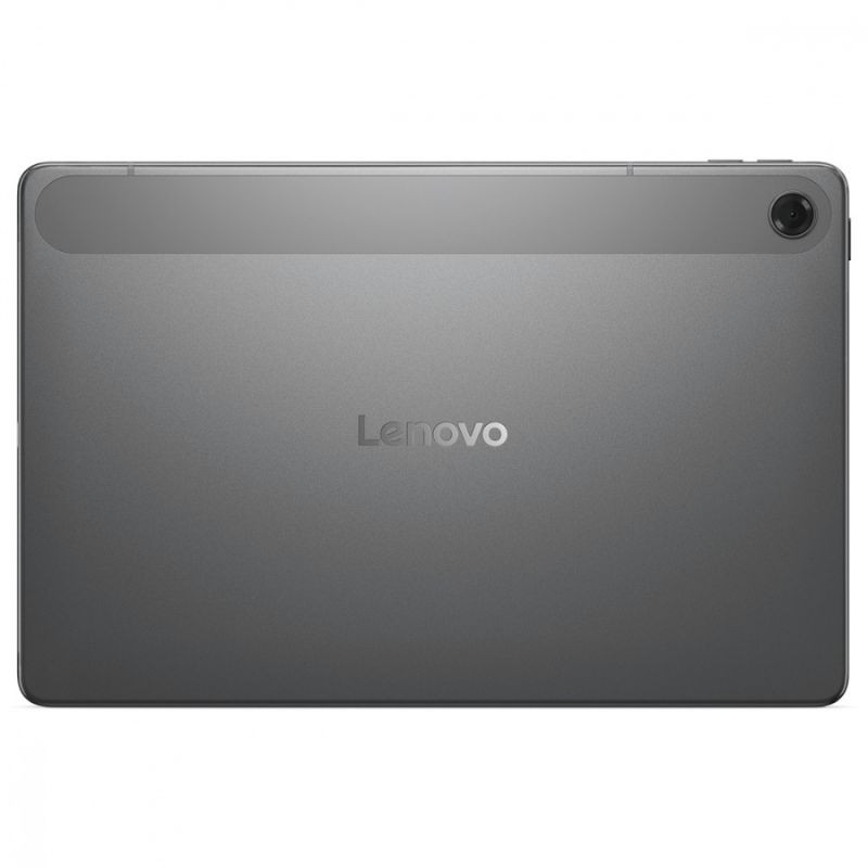 Tablet Lenovo gris luna, trasera metálica minimalista, logo centrado, cámara única en esquina superior derecha, formato 10,1", bordes suaves y acabado mate.