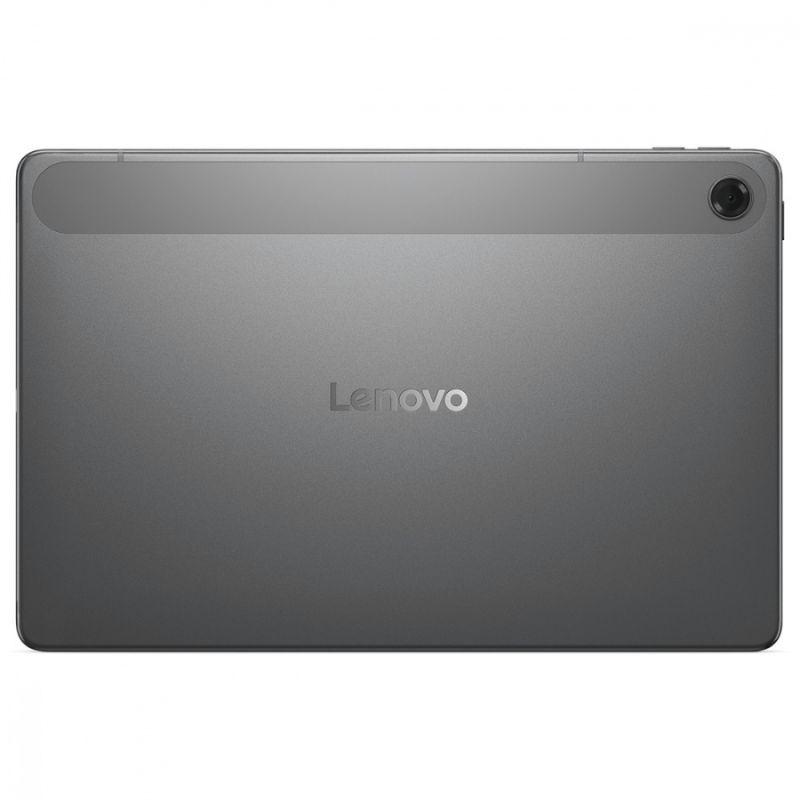 Tablet Lenovo gris luna, trasera metálica minimalista, logo centrado, cámara única en esquina superior derecha, formato 10,1", bordes suaves y acabado mate.