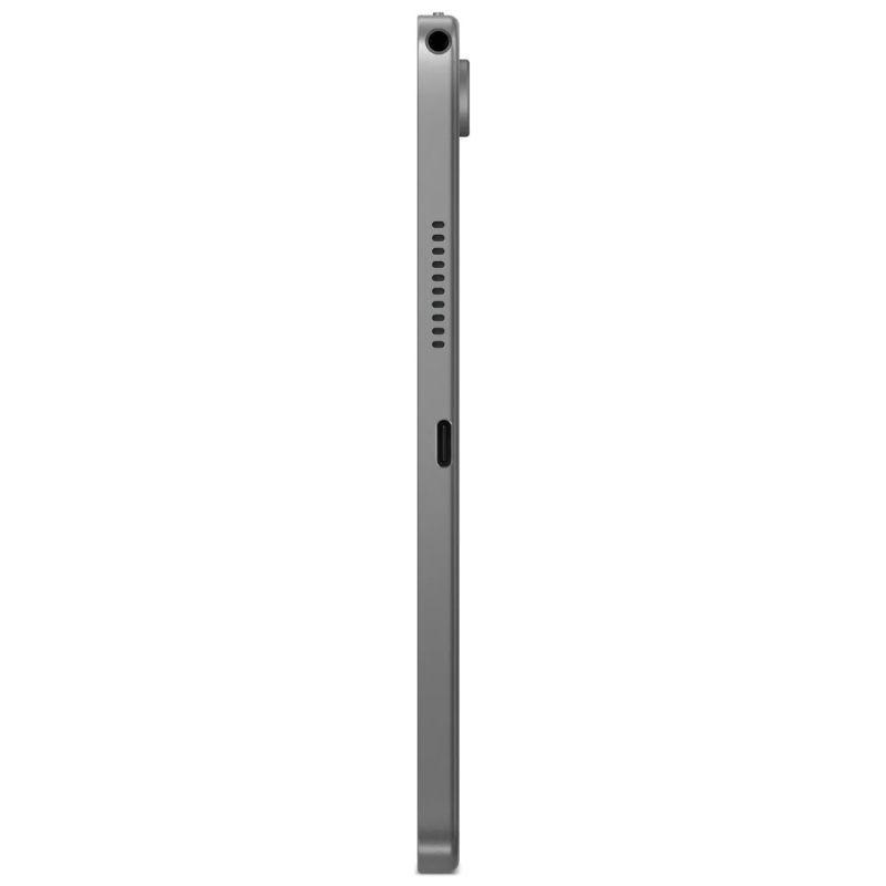 Perfil lateral de la Lenovo Tab 10,1" en Gris Luna: cuerpo metálico delgado, cámara trasera sobresaliente, ranura USB‑C y rejillas de altavoz.