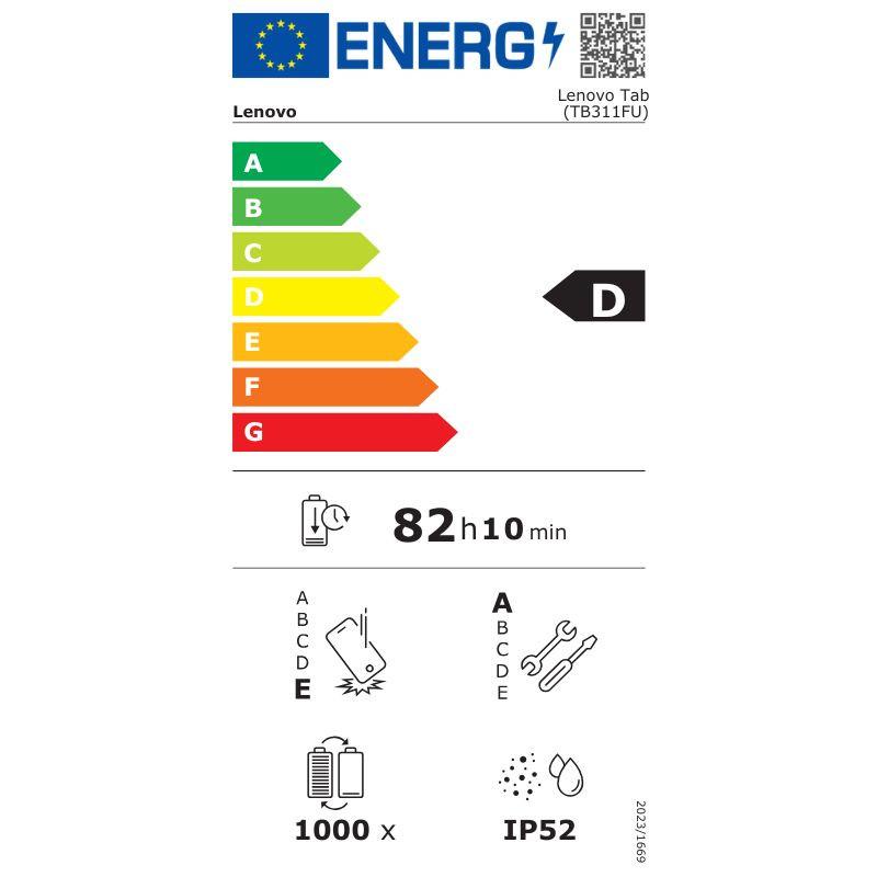 Etiqueta energética Lenovo Tab (TB311FU): clase D, autonomía 82 h 10 min, 1000 ciclos, resistencia al polvo/agua IP52, iconos de carga y reparación.