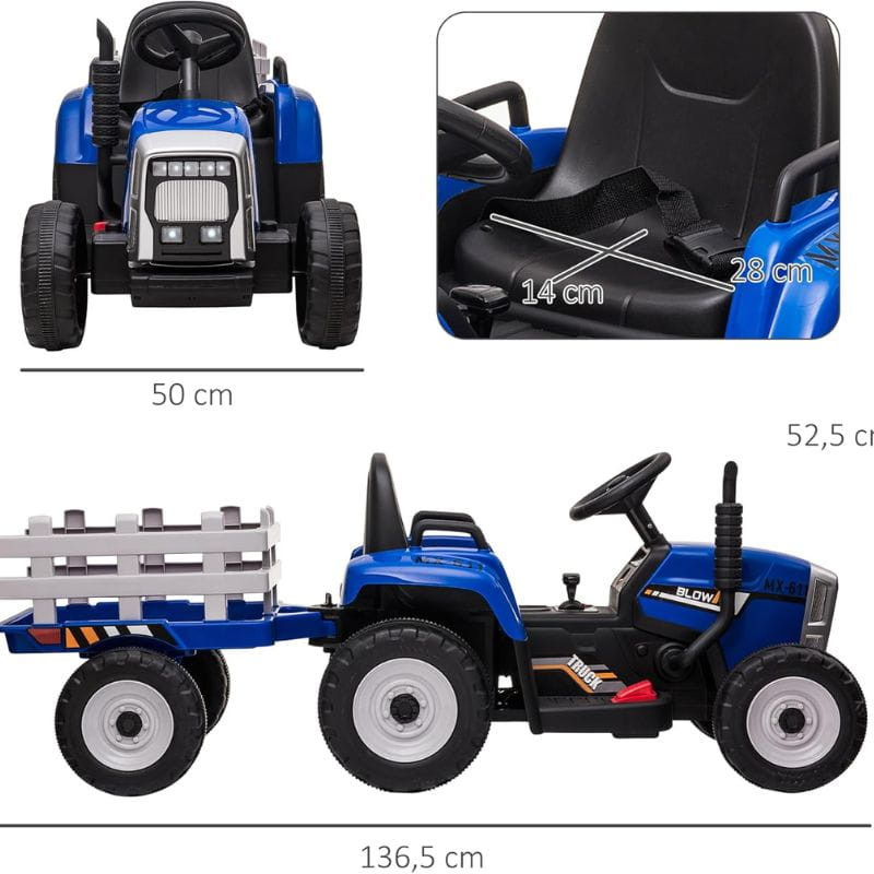 Tracteur Ceres avec remorque Bleu - Voiture électrique pour enfants dimensions