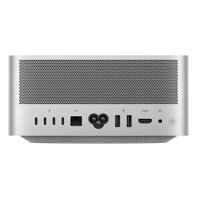 Apple Mac Studio plateado, chasis compacto con rejilla frontal y puertos: USB-C, USB-A, HDMI, Ethernet, jack 3.5 mm y botón de encendido