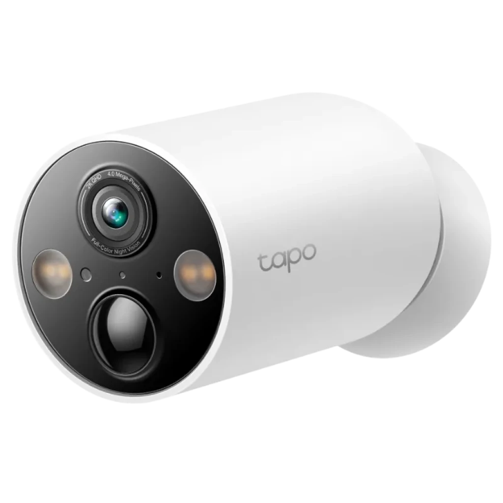TP-Link Tapo C425 2K QHD exterior, cuerpo cilíndrico blanco, frontal negro con lente central, doble LED, sensor inferior y logotipo tapo, diseño IP66
