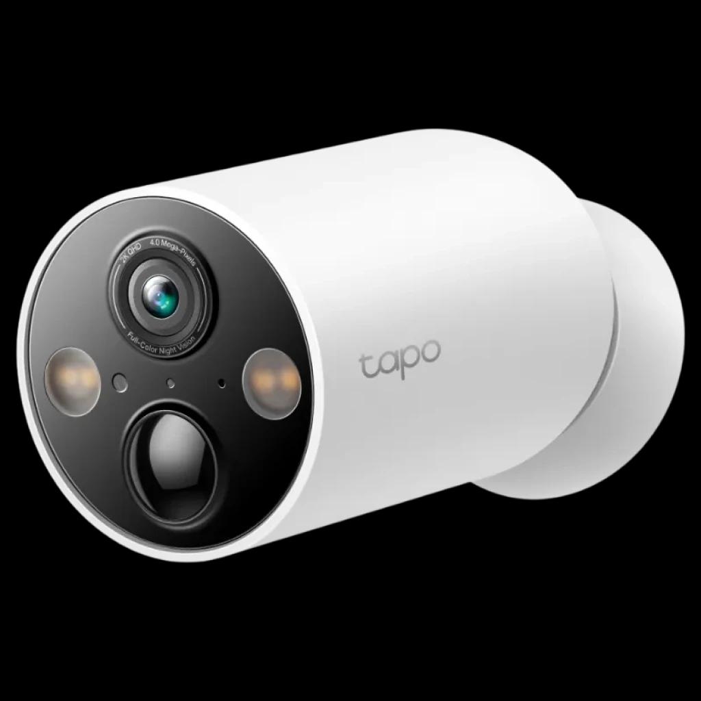 TP-Link Tapo C425 2K QHD exterior, cuerpo cilíndrico blanco, frontal negro con lente central, doble LED, sensor inferior y logotipo tapo, diseño IP66