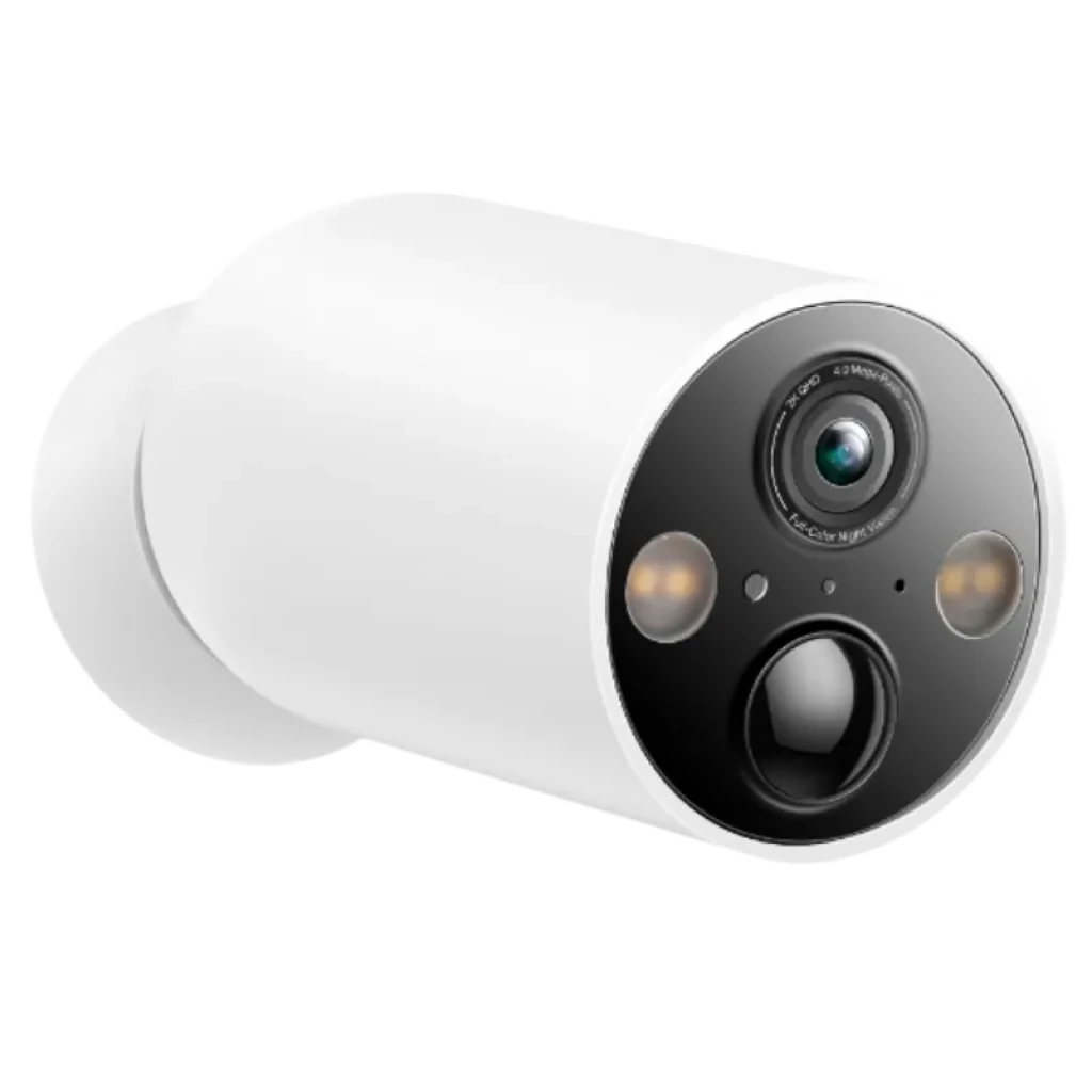 TP-Link Tapo C425 2K QHD cámara exterior inalámbrica blanca, lente frontal con sensores y LED, diseño cilíndrico compacto, carcasa IP66 resistente