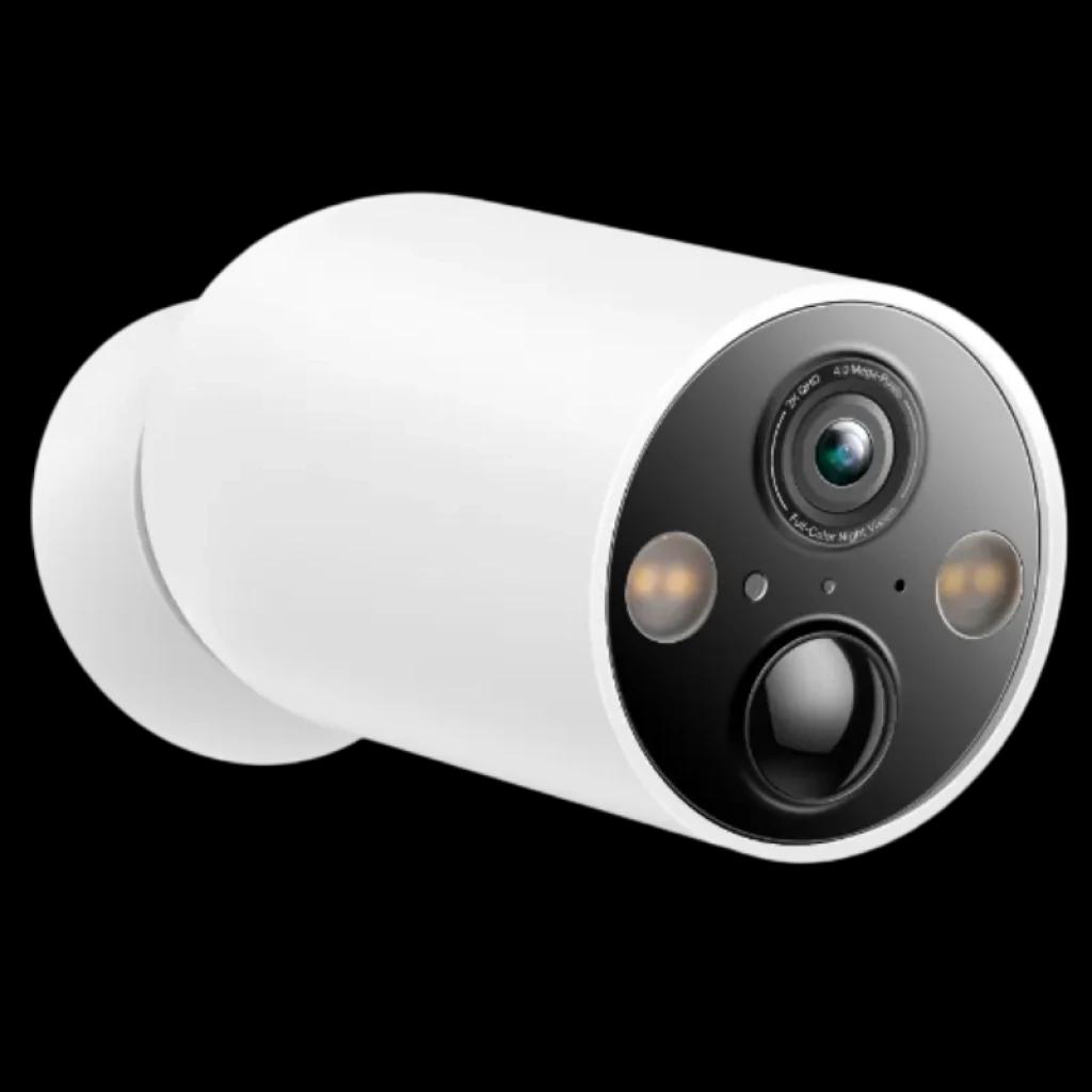 TP-Link Tapo C425 2K QHD cámara exterior inalámbrica blanca, lente frontal con sensores y LED, diseño cilíndrico compacto, carcasa IP66 resistente