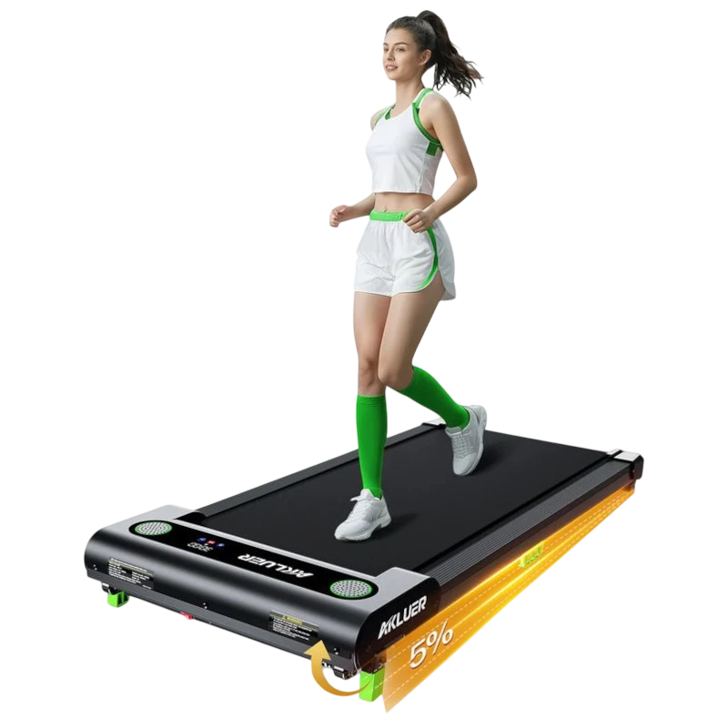 Cinta de correr AKLUER 480L-A con inclinación 5%, banda ancha antideslizante, panel frontal con altavoces y luces LED laterales, diseño compacto y moderno