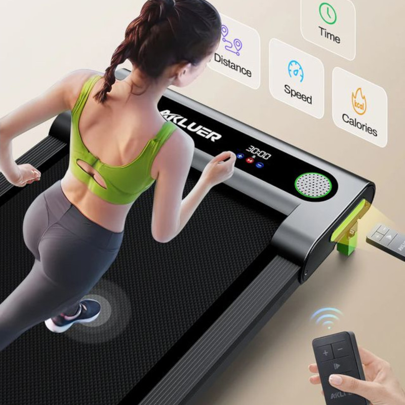Cinta de correr AKLUER 480L-A con panel LED, altavoz integrado, botones táctiles, puerto USB y mando a distancia; diseño compacto y superficie antideslizante