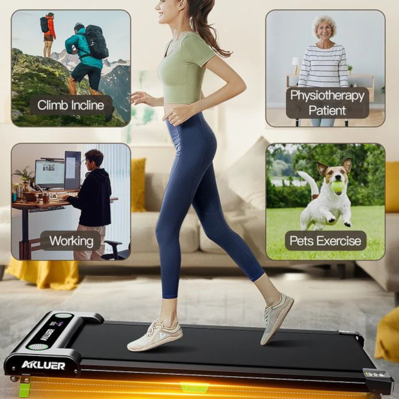 Cinta de correr AKLUER 480L-A compacta y plana con barandas bajas, luz LED inferior, pantalla frontal y diseño para hogar, oficina y rehabilitación