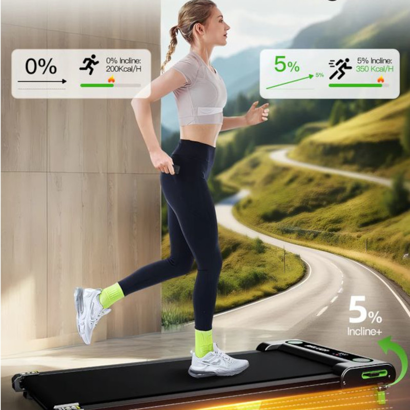 Cinta de correr AKLUER 480L-A plegable y compacta, banda negra con luces LED verdes, indicador de inclinación 5 %, diseño minimalista para uso en casa