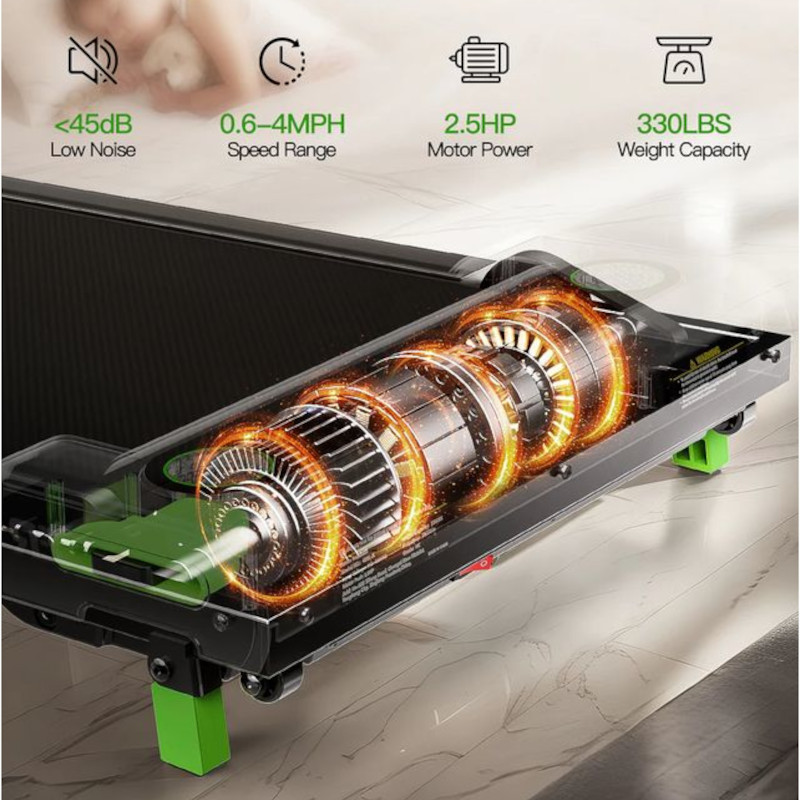 Cinta de correr AKLUER 480L-A con motor de 2.5HP visible, diseño compacto, patas verdes antideslizantes, bajo ruido <45 dB y capacidad de 330 lbs