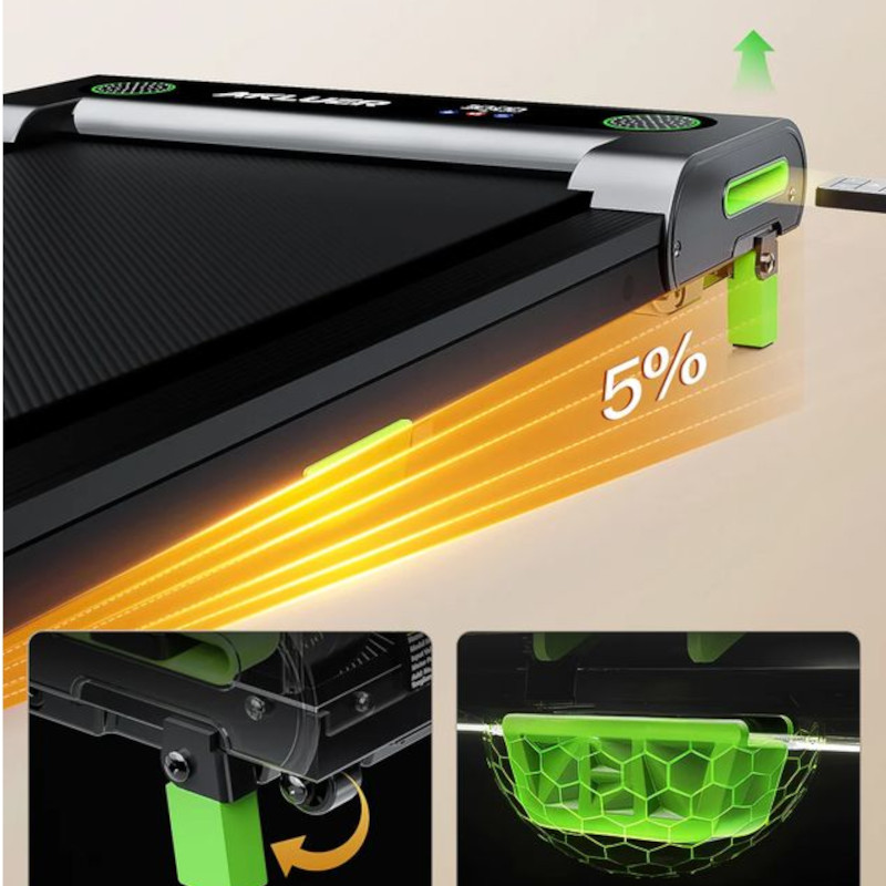 Cinta de correr AKLUER 480L-A con inclinación 5%, plataforma antideslizante, amortiguación tipo panal y detalles verdes; diseño compacto y resistente