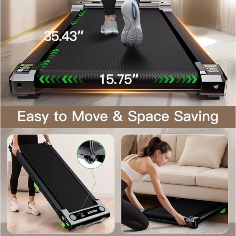 Cinta de correr AKLUER 480L-A plegable y delgada, con banda de 35.43 x 15.75 in, luces laterales LED, ruedas de transporte y controles frontales verdes