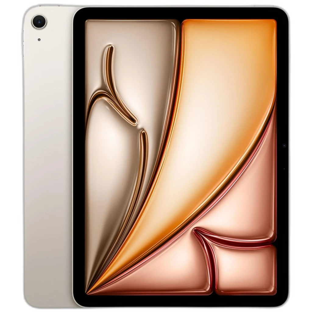 Apple iPad Air 2025 11 pulgadas blanco, marco negro delgado, cámara trasera única con flash, pantalla brillante con bordes curvos y diseño minimalista