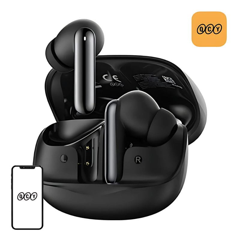 QCY MeloBuds HT12 Negro - Auriculares imagen de los auriculares con la caja de carga y la app