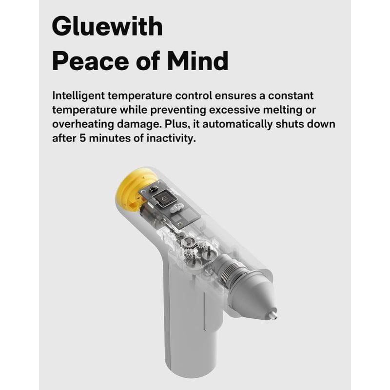 HOTO QWRJQ002 - Pistole à silicone chaud avec coupe translucide montrant le contrôle de température intelligent et l arrêt auto après 5 min d inactivité