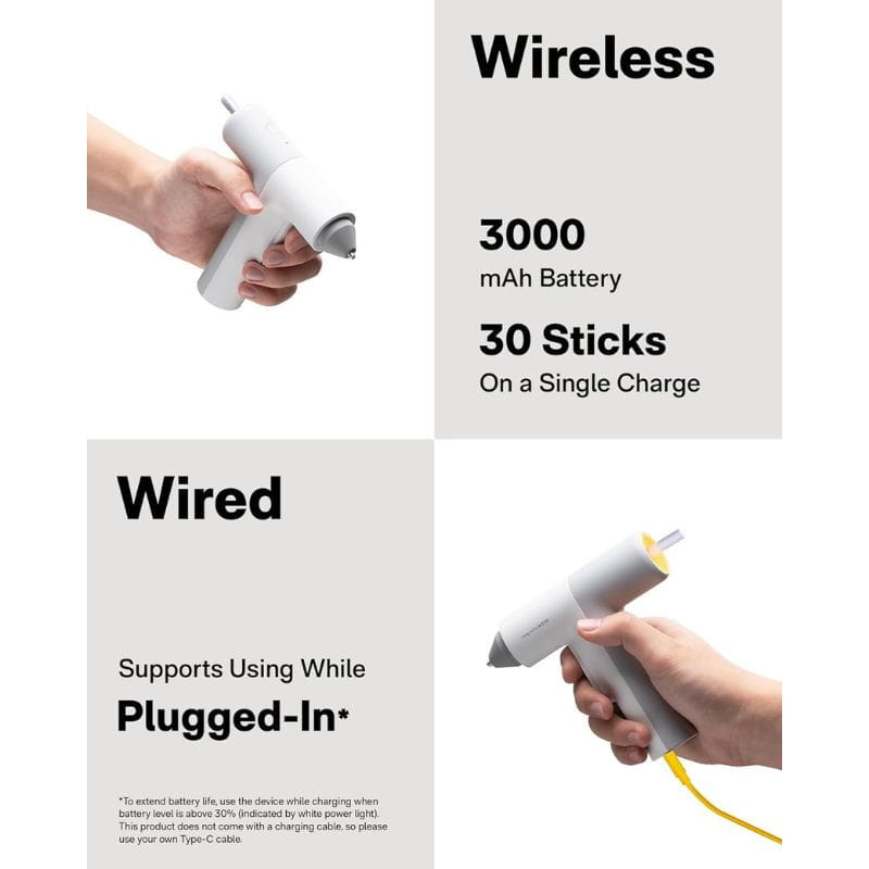 HOTO QWRJQ002 Pistole à silicone chaud sans fil, corps gris minimaliste, buse fine, indicateur lumineux, câble USB-C, poignée ergonomique, 3000 mAh