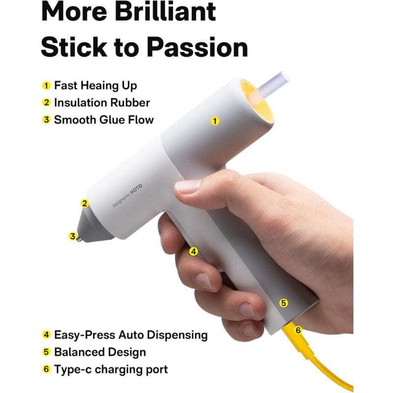HOTO QWRJQ002 - Pistole à silicone chaud avec chauffe rapide, gâchette auto, flux de colle régulier, poignée équilibrée et port de charge USB‑C