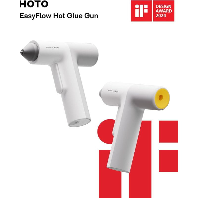 HOTO QWRJQ002 Pistole à silicone chaud, corps blanc minimaliste, buse fine grise, poignée ergonomique, bouchon arrière jaune, design primé iF 2024