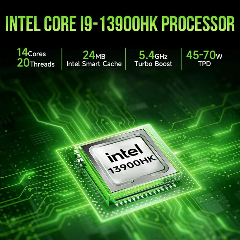 Processeur Intel Core i9-13900HK mis en avant sur circuit vert, 14 cœurs, 20 threads, 24 MB cache, Turbo 5,4 GHz, TDP 45-70 W, style high-tech lumineux