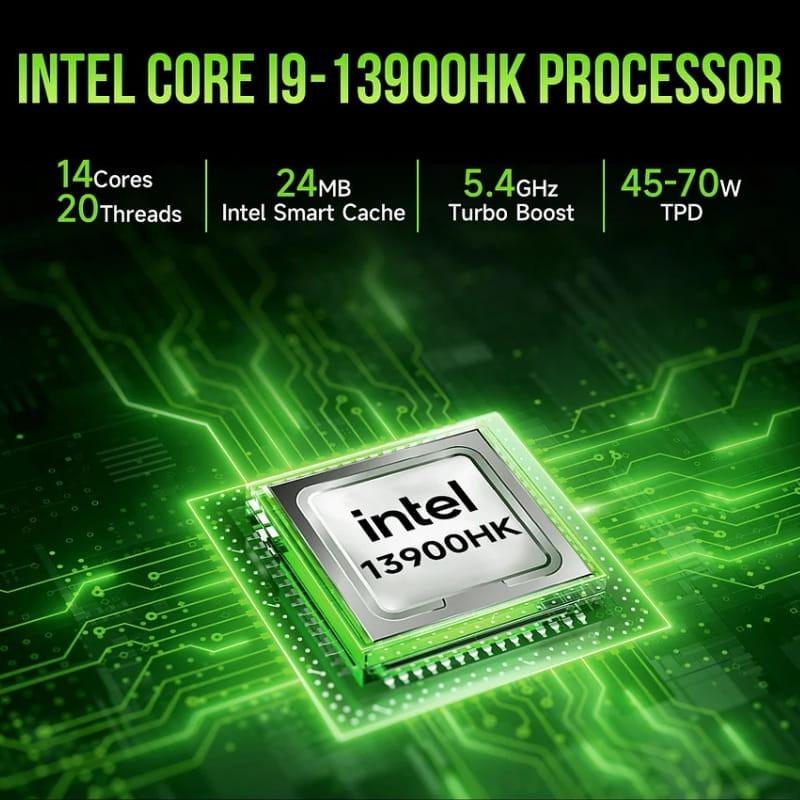 Processeur Intel Core i9-13900HK mis en avant sur circuit vert, 14 cœurs, 20 threads, 24 MB cache, Turbo 5,4 GHz, TDP 45-70 W, style high-tech lumineux