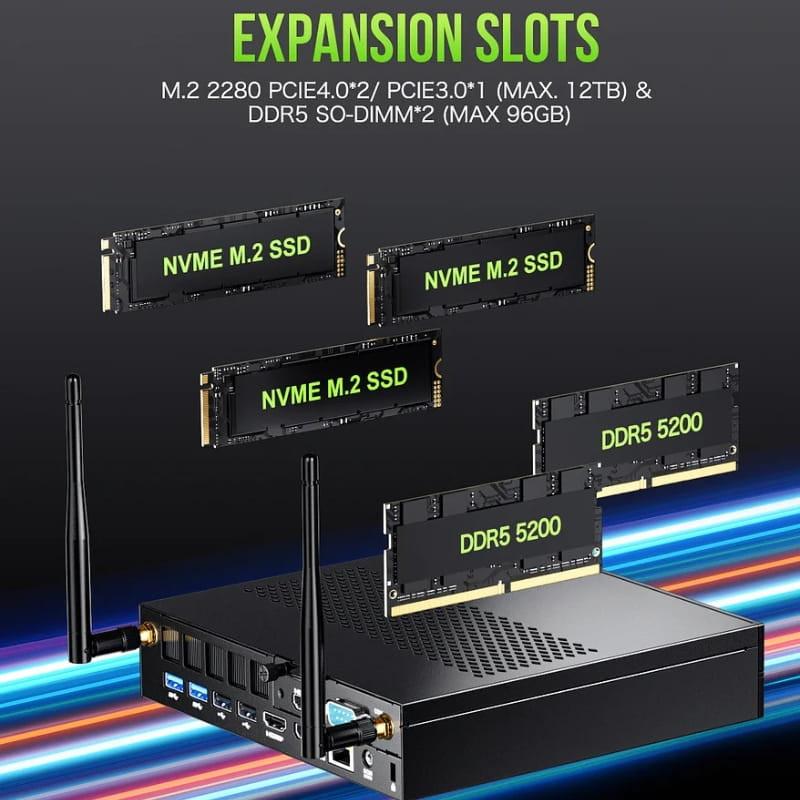 Mini PC GMKtec NucBox K10 avec logements d’extension M.2 NVMe et DDR5 SO-DIMM, antennes Wi-Fi externes, multiples ports arrière et design compact noir