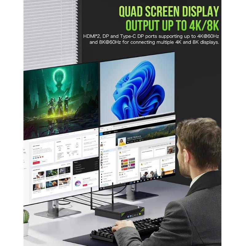 GMKtec NucBox K10 mini PC compact noir avec LED verte, ports HDMI DP USB-C, prise casque et ventilation frontale, affichage quadruple 4K 8K, clavier inclus