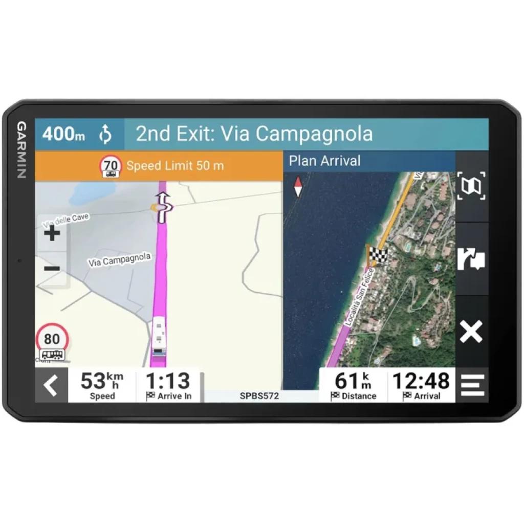 Garmin Camper 895, ecrã grande com mapa detalhado, limites de velocidade, instruções de faixa e vista dividida para navegação em caravanas