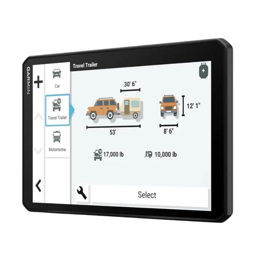 Garmin Camper 895 navegador GPS com tela ampla, interface de rotas para reboque e motorhome, ícones claros, medidas e pesos exibidos para planejamento seguro