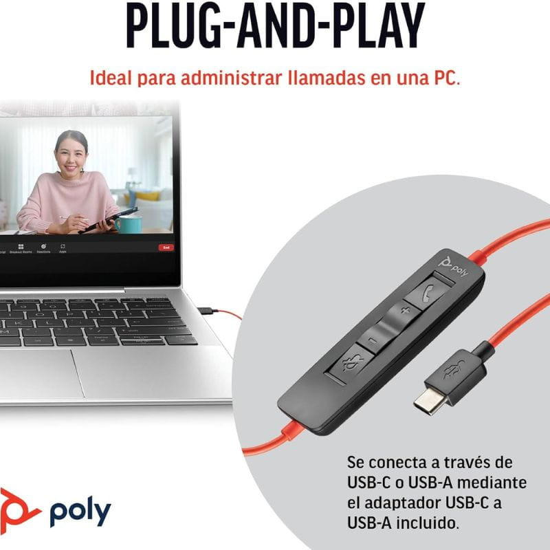 POLY Blackwire 3320 USB-C avec adaptateur USB-A - Casque PC prêt à l'emploi