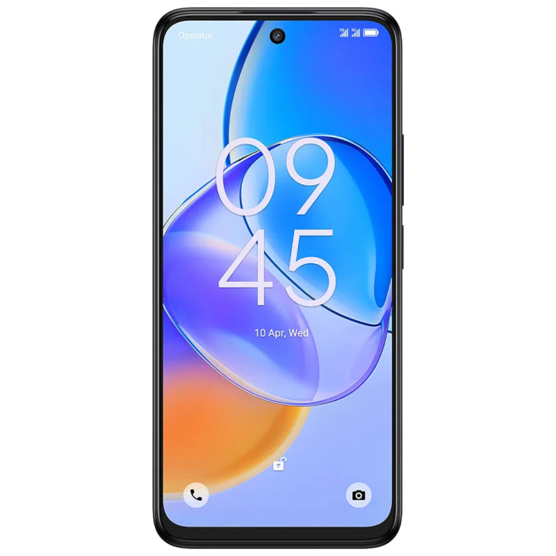 TCL 60 5G Gris con pantalla full‑frontal, orificio central para cámara selfie y bordes delgados; interfaz limpia con reloj grande y tonos azul/naranja.