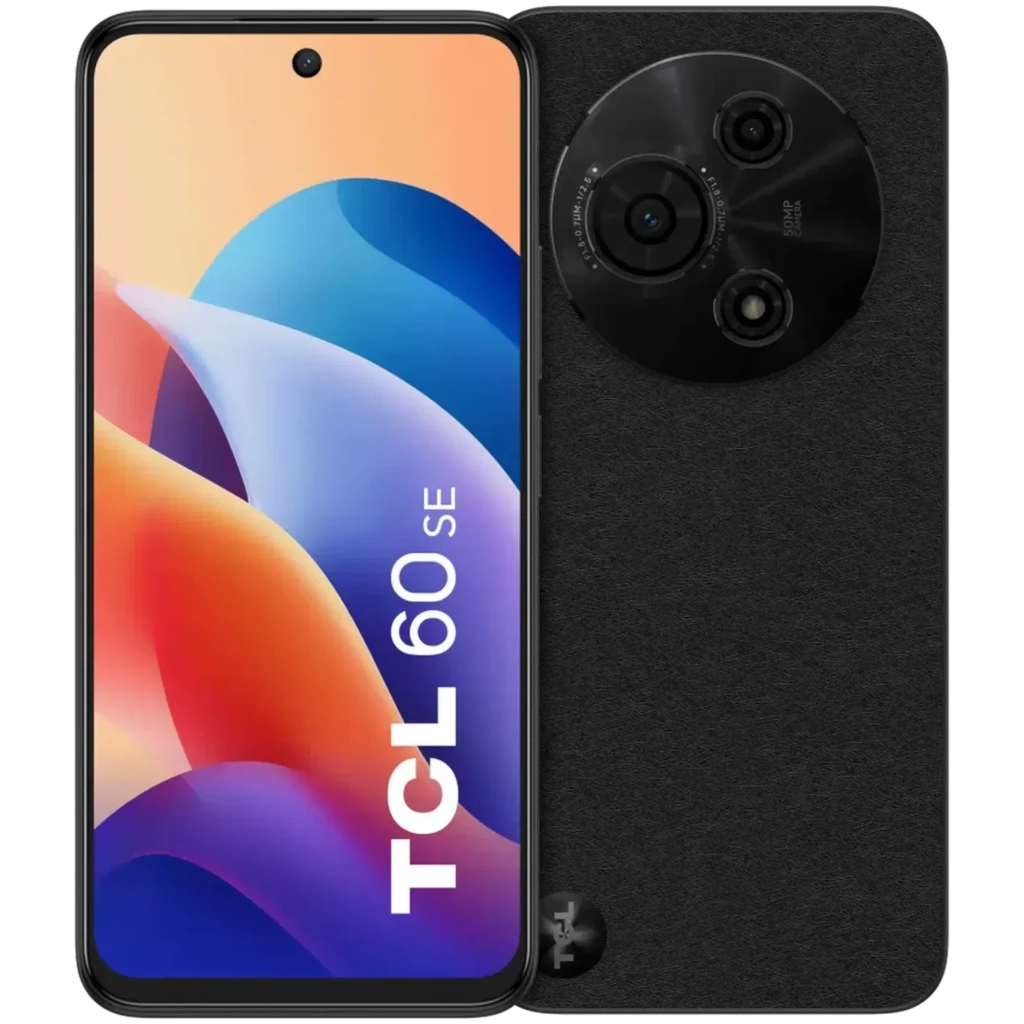 TCL 60 SE negro con pantalla de 6.67 pulgadas, funda tipo cuero y módulo de cámara circular triple de 50 MP, 8GB RAM y 512GB de almacenamiento