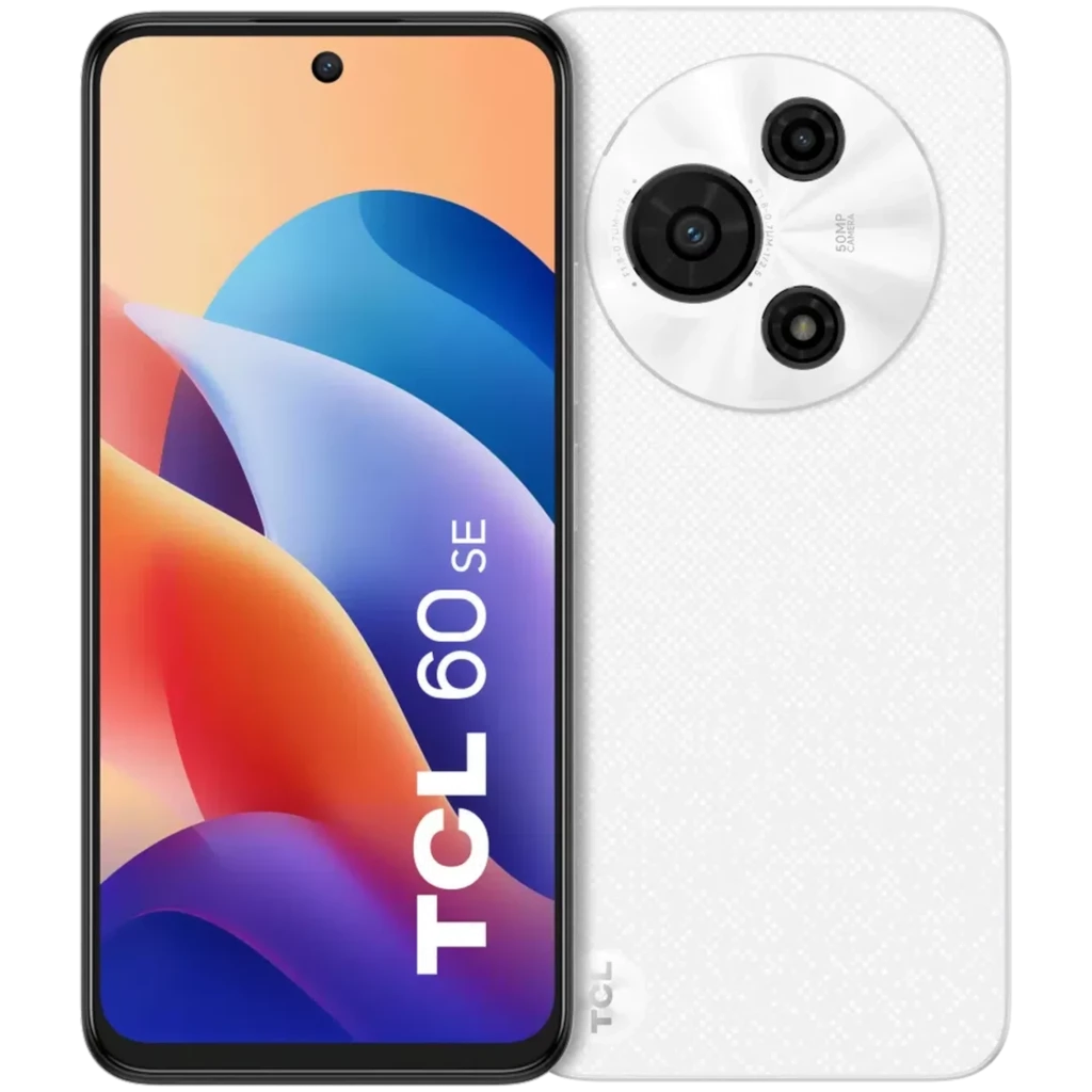 TCL 60 SE blanco con pantalla NXTVISION y orificio central, triple cámara trasera en módulo circular, 512GB, 8GB RAM y batería 5200 mAh