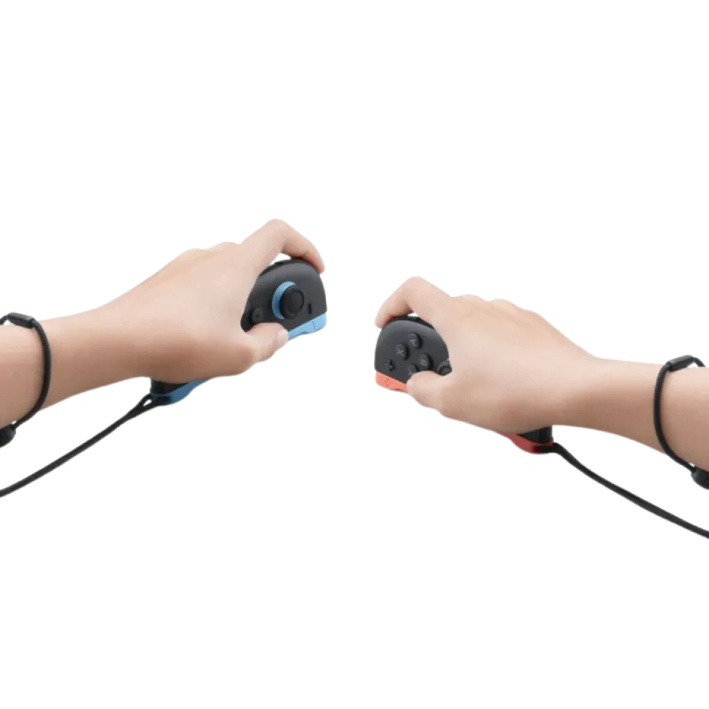 Controles destacáveis Nintendo Switch 2 nas mãos, Joy-Cons azul e vermelho com alças de segurança e cabos conectados, botões e analógicos visíveis