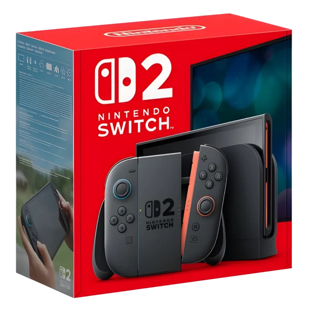 Caixa vermelha do Nintendo Switch 2 com console cinza, Joy-Cons destacáveis escuros, dock preto e tela exibida ao fundo, design moderno e compacto