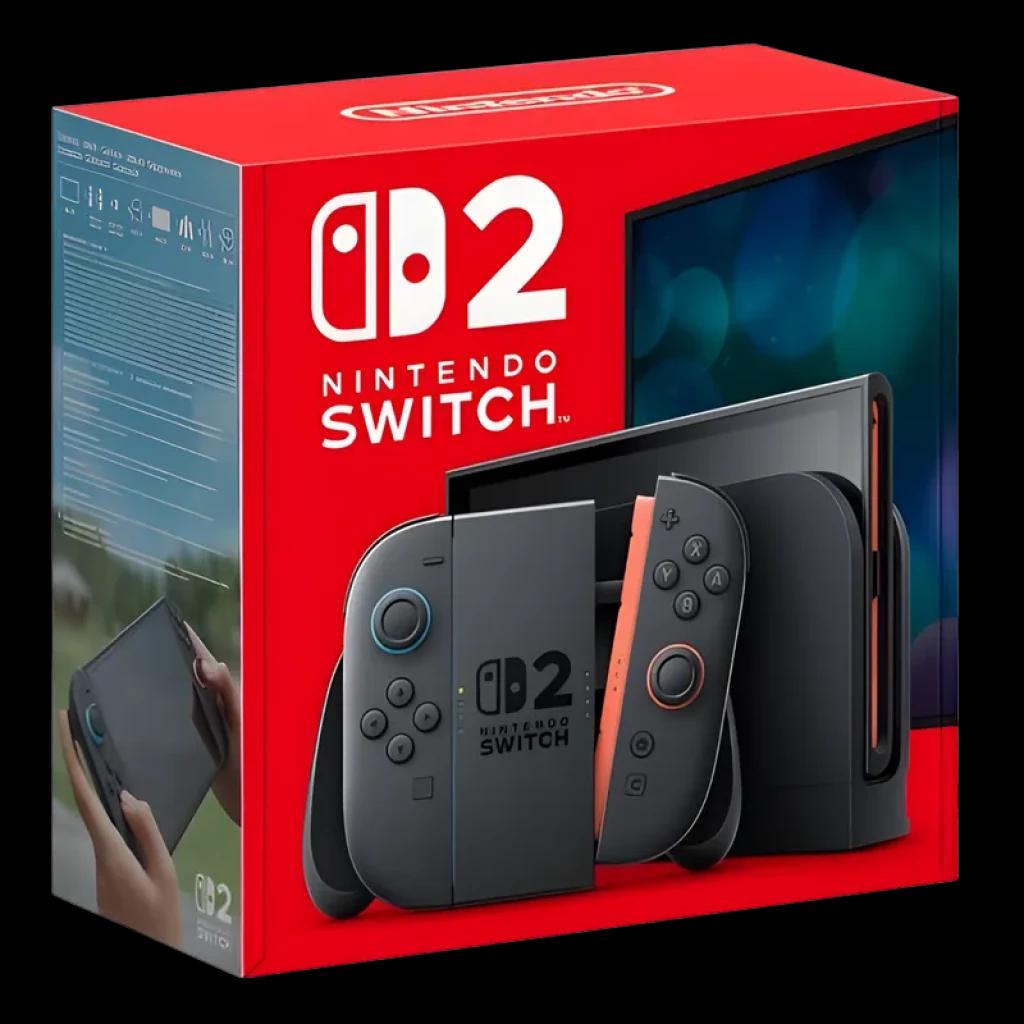 Caixa vermelha do Nintendo Switch 2 com console cinza, Joy-Cons destacáveis escuros, dock preto e tela exibida ao fundo, design moderno e compacto