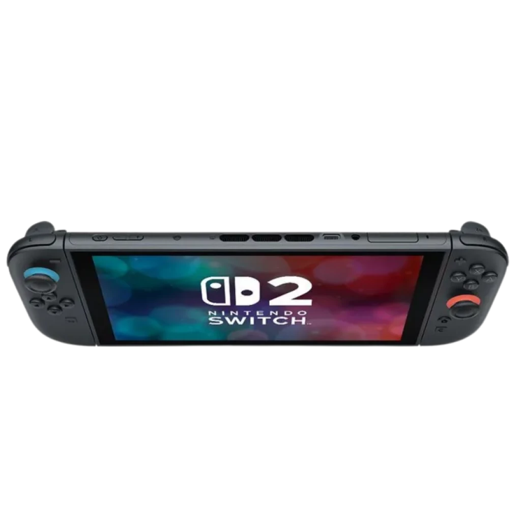 Nintendo Switch 2 Renovado Estado Excelente: consola portátil negra con pantalla encendida, botones ABXY, joystick derecho rojo y joystick izquierdo azul