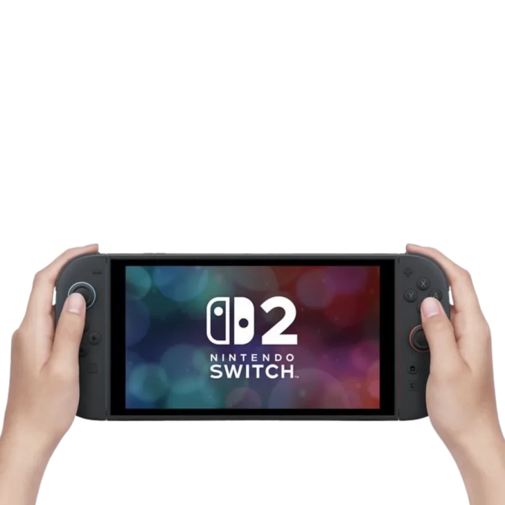 Nintendo Switch 2 Renovado Estado Excelente en manos, consola portátil negra con Joy-Con gris, pantalla encendida con logo D2 y bordes finos