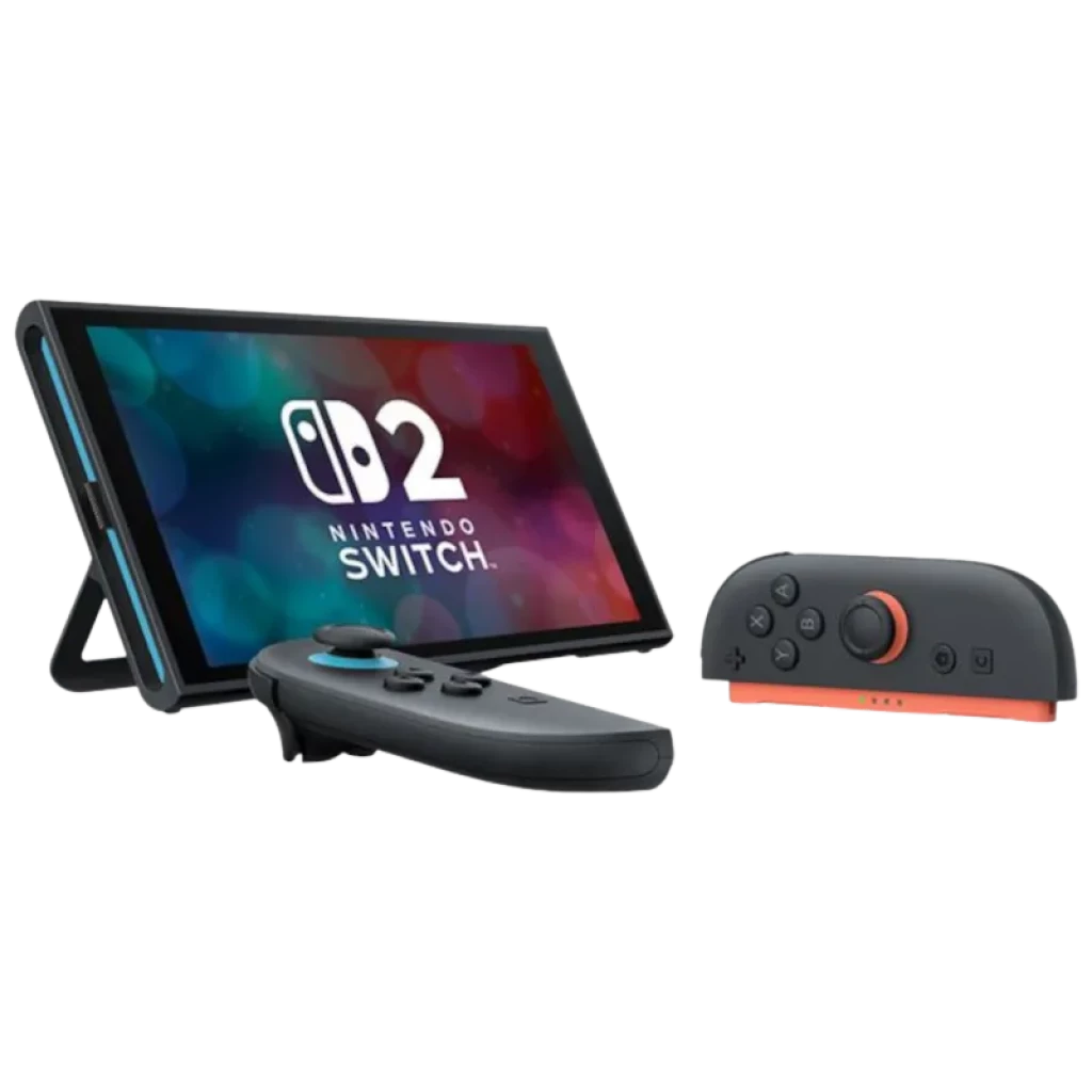 Nintendo Switch 2 Renovado Estado Excelente con pantalla apoyada en soporte, biseles delgados, Joy-Con gris y negro con detalles naranja, diseño portátil y