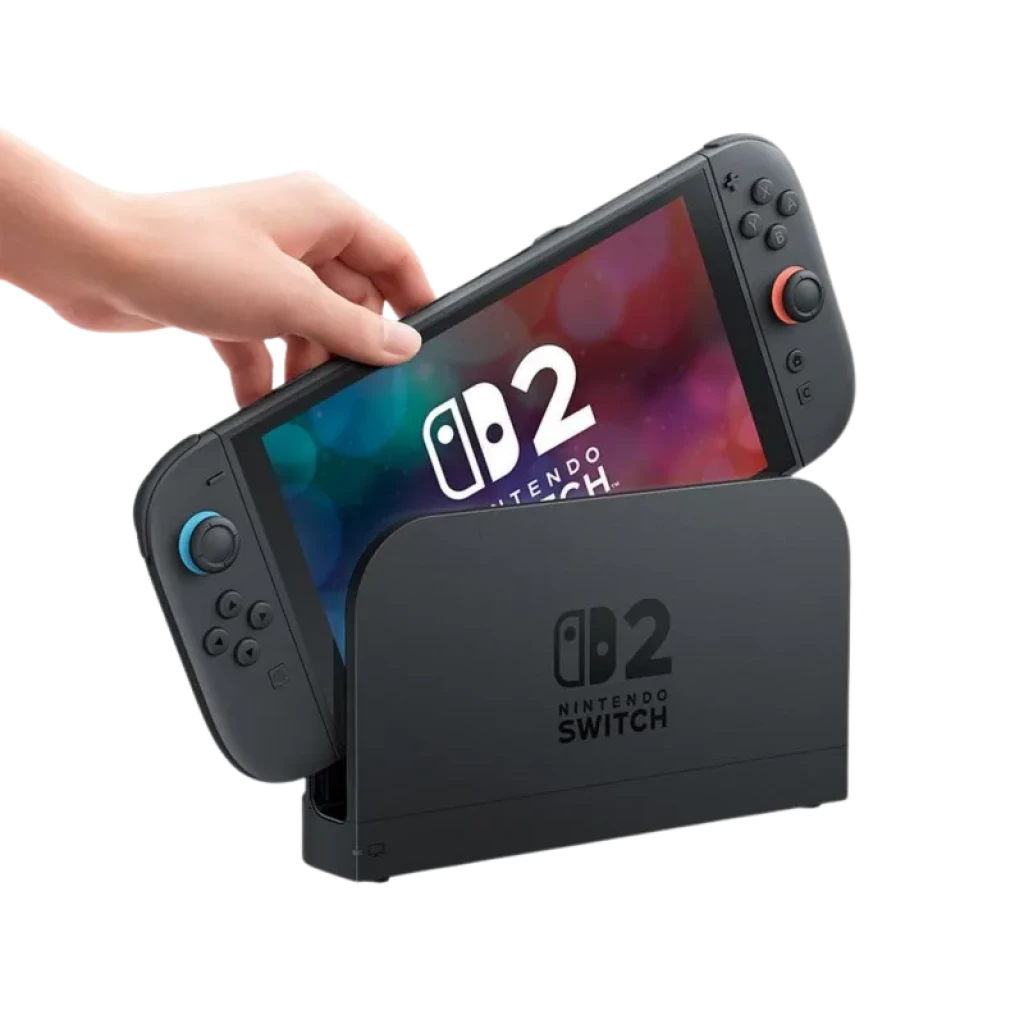 Nintendo Switch 2 em dock preto; console portátil com tela ampla, Joy-Cons pretos com botões coloridos e analógicos, mão inserindo o aparelho no dock
