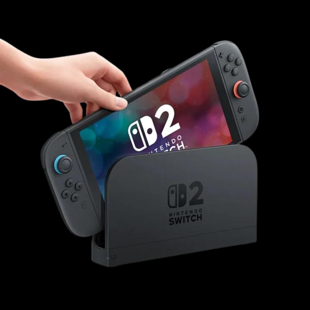 Nintendo Switch 2 em dock preto; console portátil com tela ampla, Joy-Cons pretos com botões coloridos e analógicos, mão inserindo o aparelho no dock