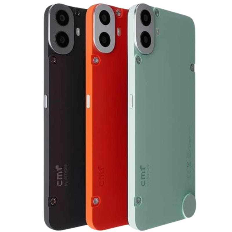 Nothing CMF Phone 1 5G 8GB/256GB Laranja com design minimalista, traseira plana com parafusos aparentes, câmeras duplas e cores laranja, preto e verde menta